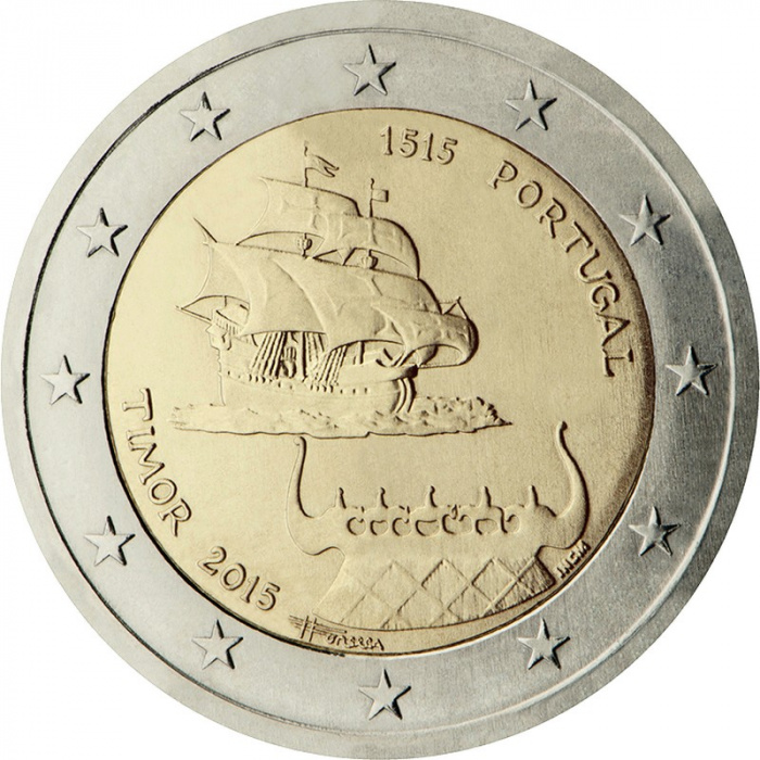 (014) Монета Португалия 2015 год 2 евро &quot;Тимор. 500 лет открытия&quot;  Биметалл  UNC