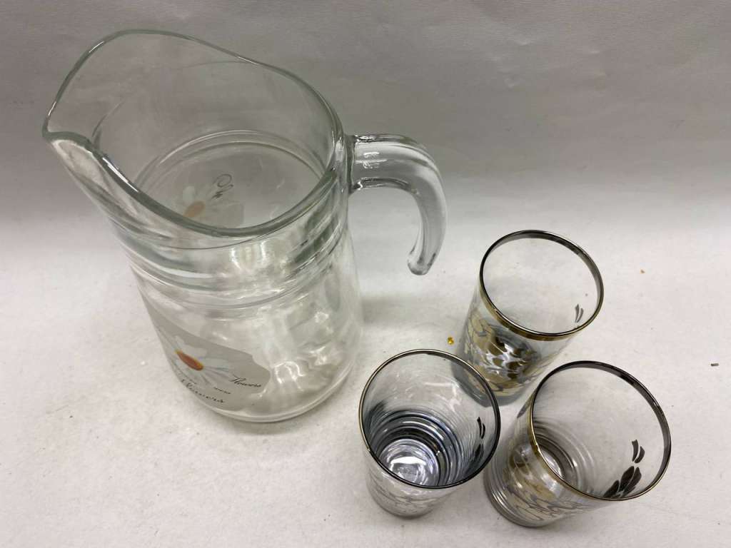 Кувшин + 3 стакана стекло с рисунком