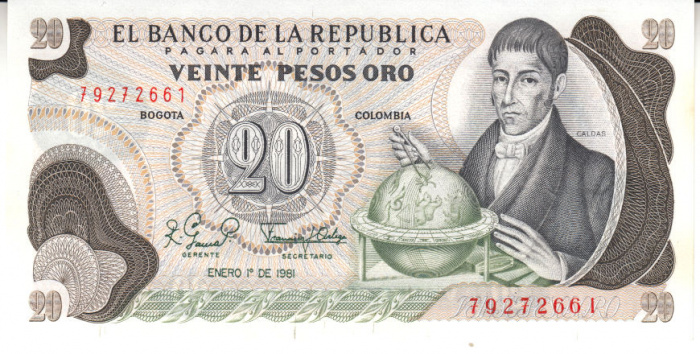 (,) Банкнота Колумбия 1981 год 20 песо &quot;Франсиско де Калдас&quot;   UNC