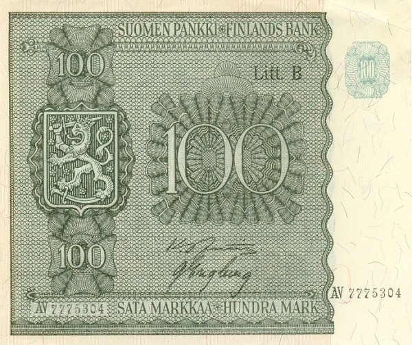 (1945 Litt B) Банкнота Финляндия 1945 год 100 марок    UNC