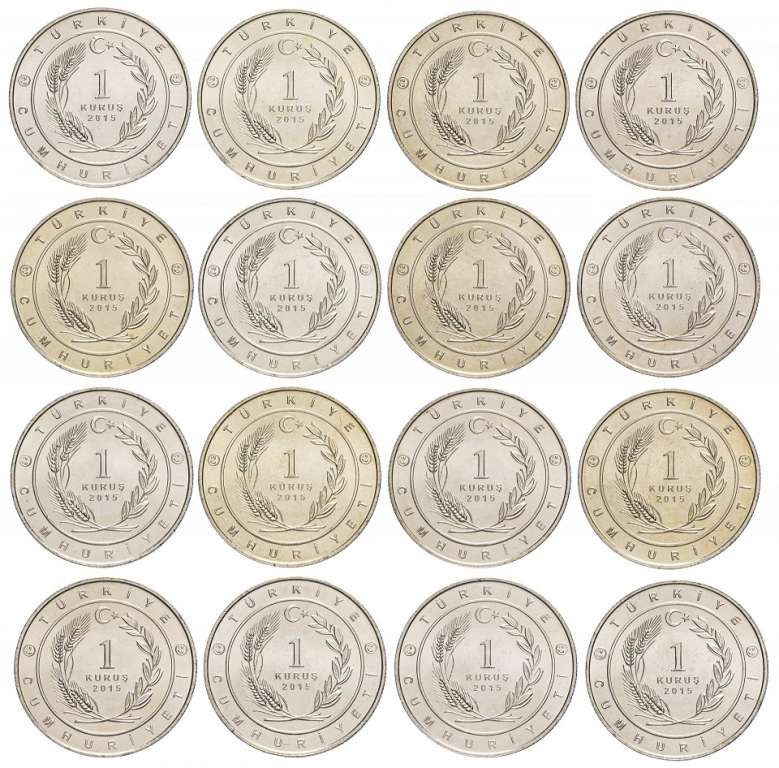 (2015, 16 монет по 1 куруш) Набор монет Турция 2015 год &quot;Флаги Великие Тюркские государства&quot;   UNC