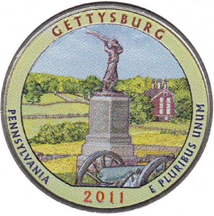 006d Монета США 2011 год 25 центов Геттисберг  Вариант №1 Медь-Никель  COLOR. Цветная