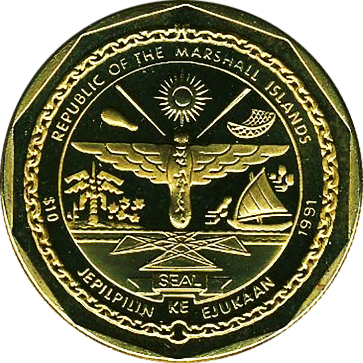 (1991) Монета Маршалловы Острова 1991 год 10 долларов &quot;B-29 Суперфортресс&quot;  Латунь  UNC