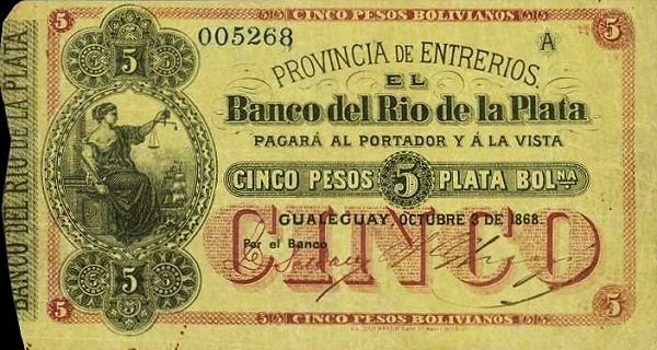 (№1868P-S1837a) Банкнота Аргентина 1868 год &quot;5 Pesos&quot;
