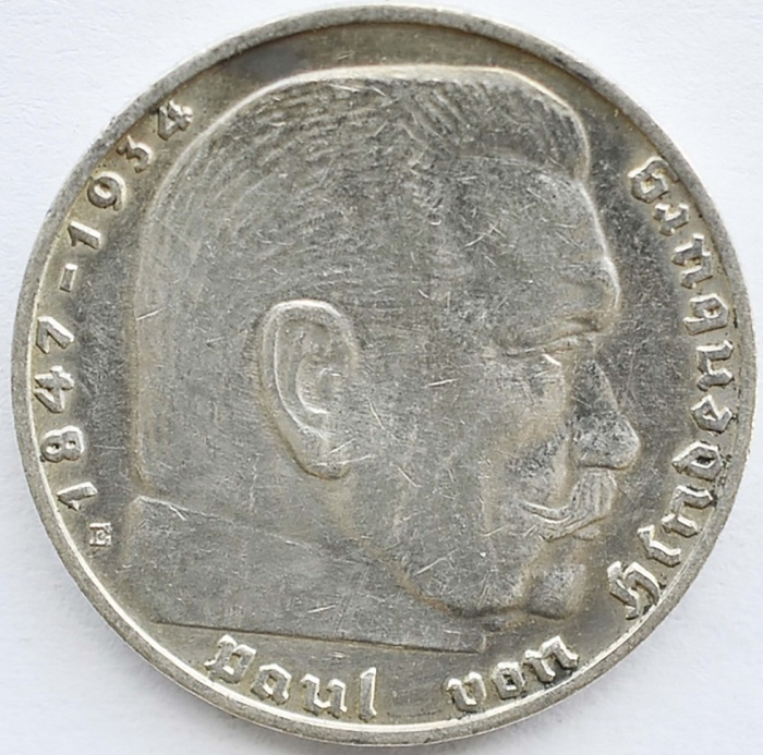 1936e Монета Германия 1936 год 5 марок Пауль Гинденбург Без свастики Серебро Ag 900  XF