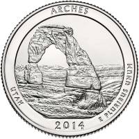 (023d) Монета США 2014 год 25 центов "Арчес"  Медь-Никель  UNC