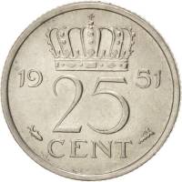 () Монета Нидерланды (Голландия) 1950 год 25  ""   Акмонитал  UNC