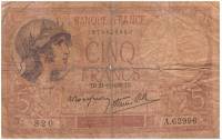 (№1939P-83a.6) Банкнота Франция 1939 год "5 Francs"