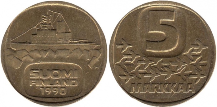 (1990) Монета Финляндия 1990 год 5 марок &quot;Ледокол Урхо&quot; Латунь  XF