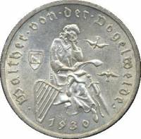 (1930a) Монета Германия (Веймар) 1930 год 3 марки   700 лет смерти Фогельвейде Серебро Ag 500  UNC
