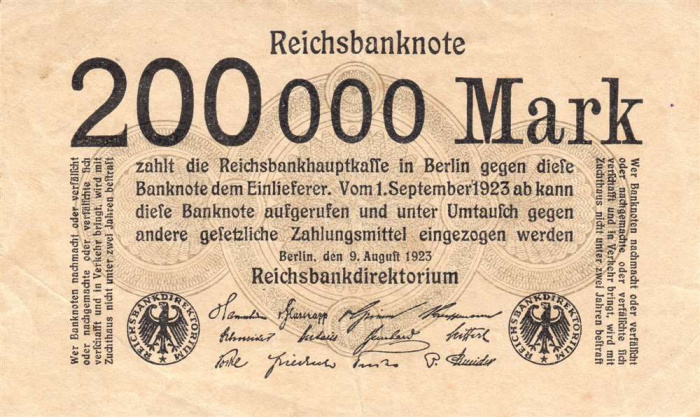 (1923) Банкнота Германия 1923 год 200 000 марок  5-й выпуск  XF