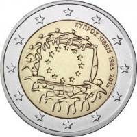 003 Монета Кипр 2015 год 2 евро 30 лет флагу Европы  Биметалл  UNC