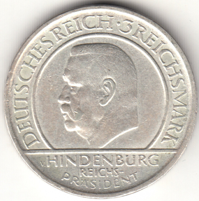 (1929d) Монета Германия Веймарская республика 1929 год 3 марки   10 лет Веймарской Конституции  AU