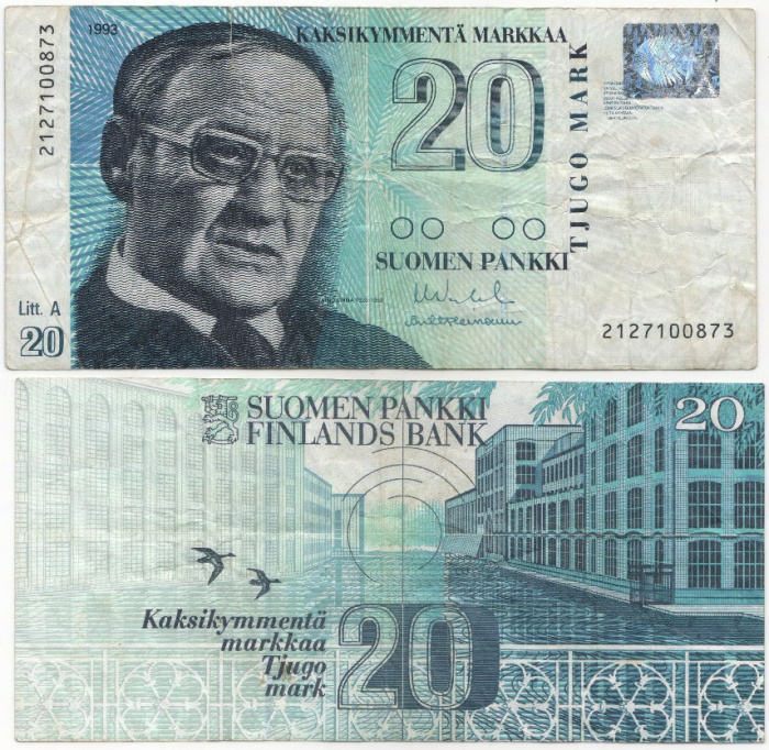 (1993 Litt A) Банкнота Финляндия 1993 год 20 марок &quot;Вяйнё Линна&quot; Vanhala - Heinonen  VF