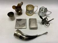 Подстаканник 2 шт, портсигар 2 шт, рог, мини кувшин, стопка и подставка, металл