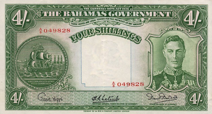 (№1936P-9e) Банкнота Багамские острова 1936 год &quot;4 Shillings&quot;