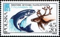 (1988-015) Марка Польша "Лосось и олень"    Международная выставка марок FINLANDIA '88, Хельсинки II