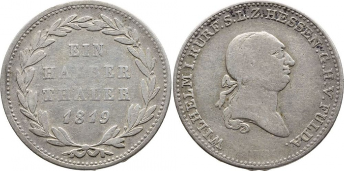(1819) Монета Германия (Гёссен-Кассель) 1819 год 1/2 талера &quot;Вильгельм I&quot;    VF