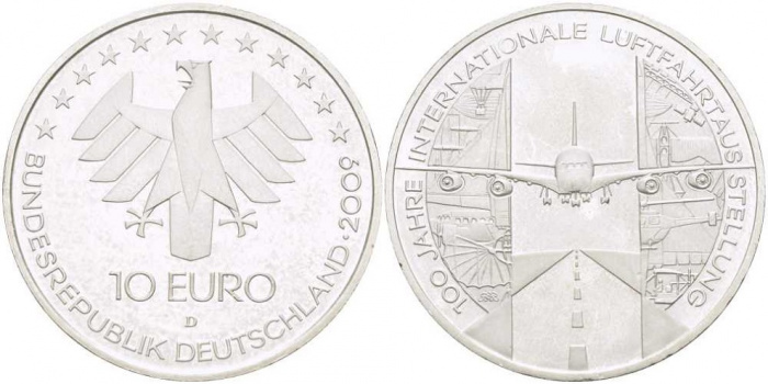 (2009d) Монета Германия (ФРГ) 2009 год 10 евро &quot;Первая международная выставка авиации&quot;  Серебро Ag 9