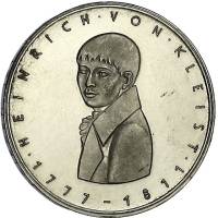 (1977G) Монета Германия (ФРГ) 1977 год 5 марок "Генрих фон Клейст"  Серебро Ag 625  PROOF