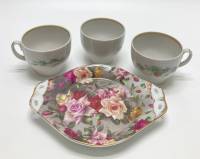 Блюдо + 3 кофейные чашки, Красный фарфорист