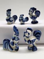 Статуэтки фигурки мини 5 штук Петухи Курочки гжель высота 4 - 9 см