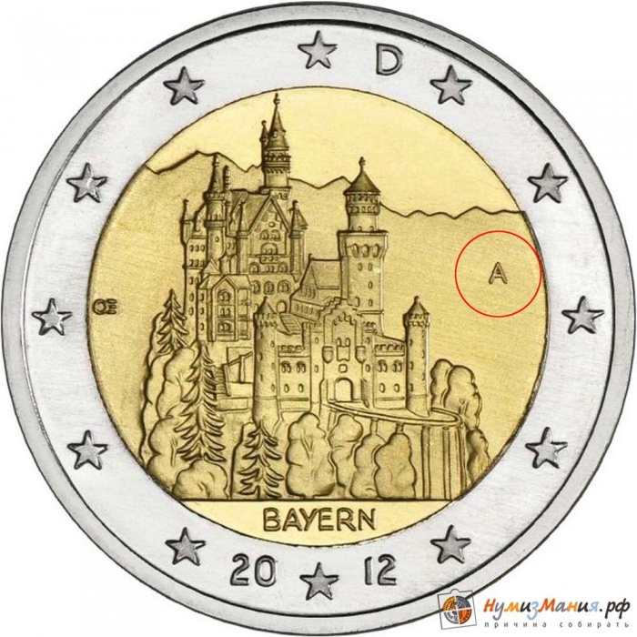 010 Монета Германия (ФРГ) 2012 год 2 евро Бавария Двор A Биметалл  UNC