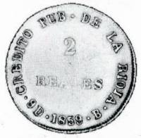 (№1859km26 (la rioja)) Монета Объединённые провинции Южной Америки 1859 год 2 Reales