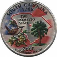 (008p) Монета США 2000 год 25 центов "Южная Каролина"  Вариант №2 Медь-Никель  COLOR. Цветная