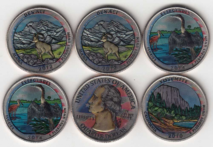 Набор монет США 25 центов с цветным покрытием (6 штук)