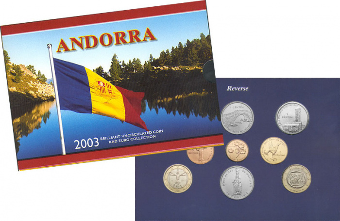 (2003, 7 сентимов + 2 евро) Набор монет Андорра 2003 год &quot;Природа Андорры&quot; Буклет  BU