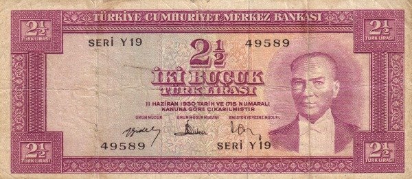(№1957P-154c) Банкнота Турция 1957 год &quot;2frac12; Turkish Lira&quot;
