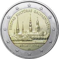 (001) Монета Латвия 2014 год 2 евро "Рига - культурная столица Европы"  Биметалл  Буклет