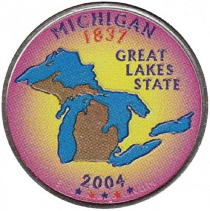 (026p) Монета США 2004 год 25 центов &quot;Мичиган&quot;  Вариант №1 Медь-Никель  COLOR. Цветная
