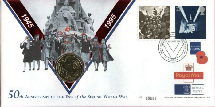 (1995) Монета Великобритания 1995 год 2 фунта &quot;2-я Мировая Война. 50 лет окончания&quot;  Латунь  Буклет 