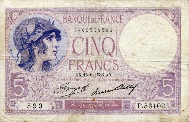 (№1933P-72e.4) Банкнота Франция 1933 год &quot;5 Francs&quot; (Подписи: J)