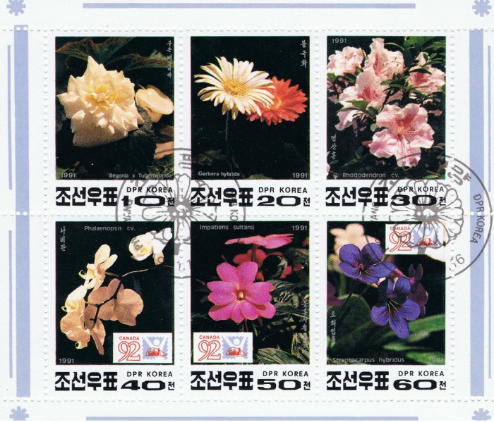 (1991-089) Лист (6 м 2х3) Северная Корея &quot;Цветы&quot;   Выставка марок КАНАДА-91, Монреаль III Θ