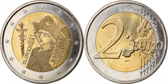 (008) Монета Словения 2014 год 2 евро &quot;Барбара Цилли&quot;  Биметалл  UNC