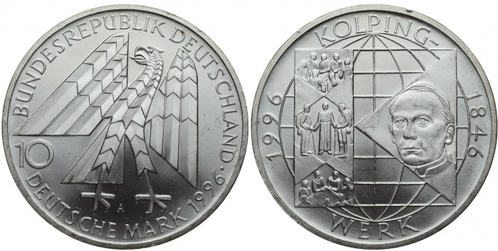 (1996a) Монета Германия (ФРГ) 1996 год 10 марок &quot;Адольф Кольпинг&quot;  Серебро Ag 625  UNC