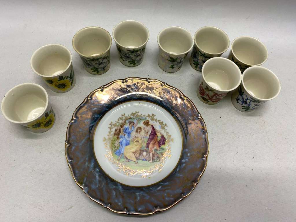 Рюмки перламутр 9 шт и тарелка, керамика