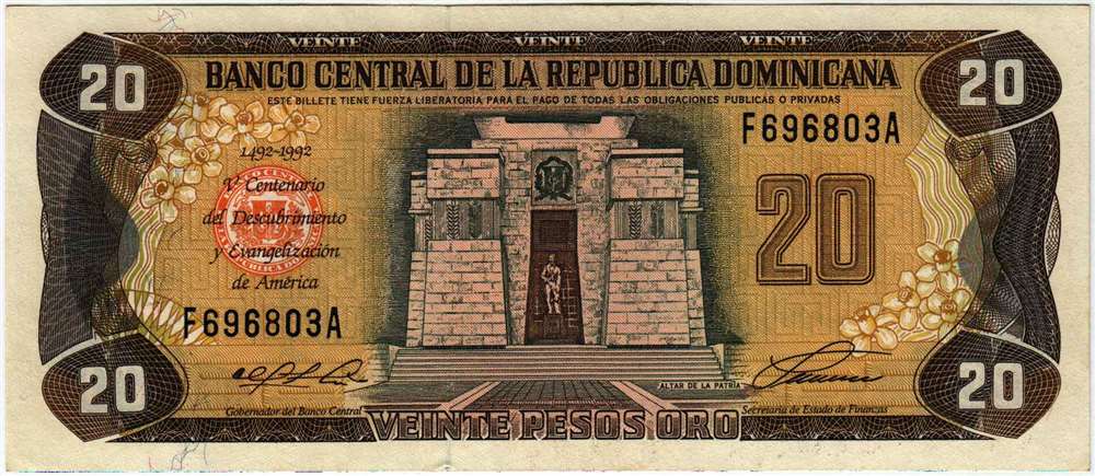 () Банкнота Доминикана 1992 год 20  &quot;&quot;   UNC