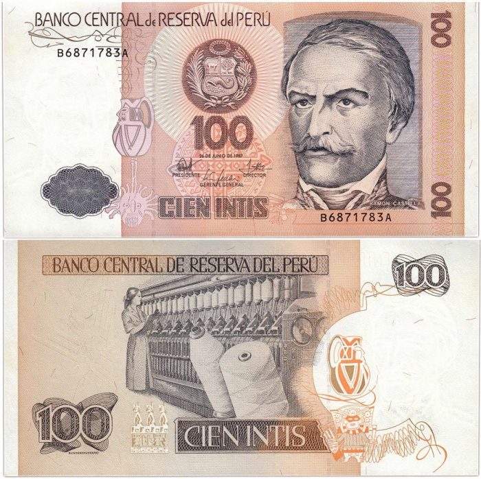 (1987) Банкнота Перу 1987 год 100 инти &quot;Рамон Кастилья&quot;   UNC