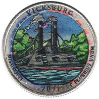 009d Монета США 2011 год 25 центов Виксберг  Вариант №2 Медь-Никель  COLOR. Цветная