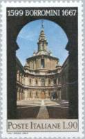 (№1967-1240) Марка Италия 1967 год "Церковь Святого Иво Рим", Гашеная
