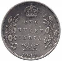 (1907) Монета Британская Индия 1907 год 1 рупия "Король Эдвард VII"  Серебро Ag 917  XF