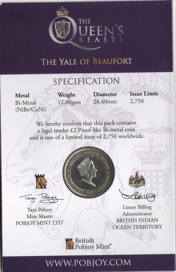 (2021) Монета Британская терр в Инд океане 2021 год 2 фунта &quot;Йейл из Бофорта&quot;  Биметалл  Буклет