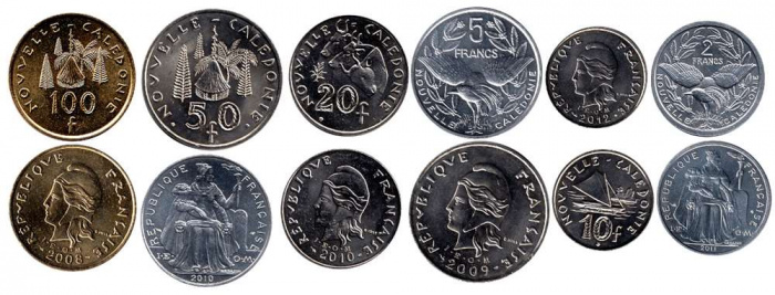 (7 монет 1 2 5 10 20 50 100 франков) Набор монет Новая Каледония 1987-2012 год &quot;Марианна&quot;   UNC
