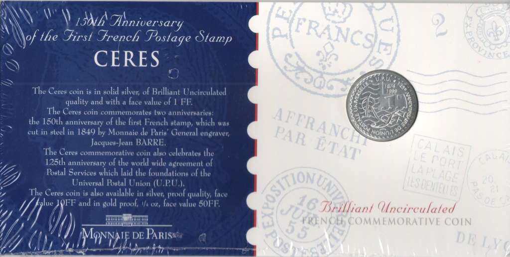 (1999) Монета Франция 1999 год 1 франк &quot;Первая почтовая марка. 150 лет&quot;  Серебро Ag 900  Буклет