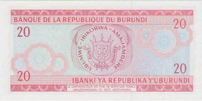 (,) Банкнота Бурунди 1989 год 20 франков &quot;Танцор&quot;   UNC