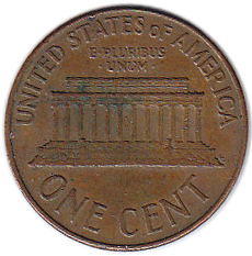 (1973) Монета США 1973 год 1 цент   150-летие Авраама Линкольна, Мемориал Линкольна Латунь  VF